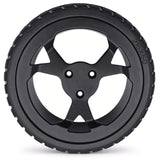 Rear drive wheel for the Golden Cricket GP302 travel power chair, black rubber tire with multi-spoke hub.