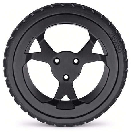 Rear drive wheel for the Golden Cricket GP302 travel power chair, black rubber tire with multi-spoke hub.