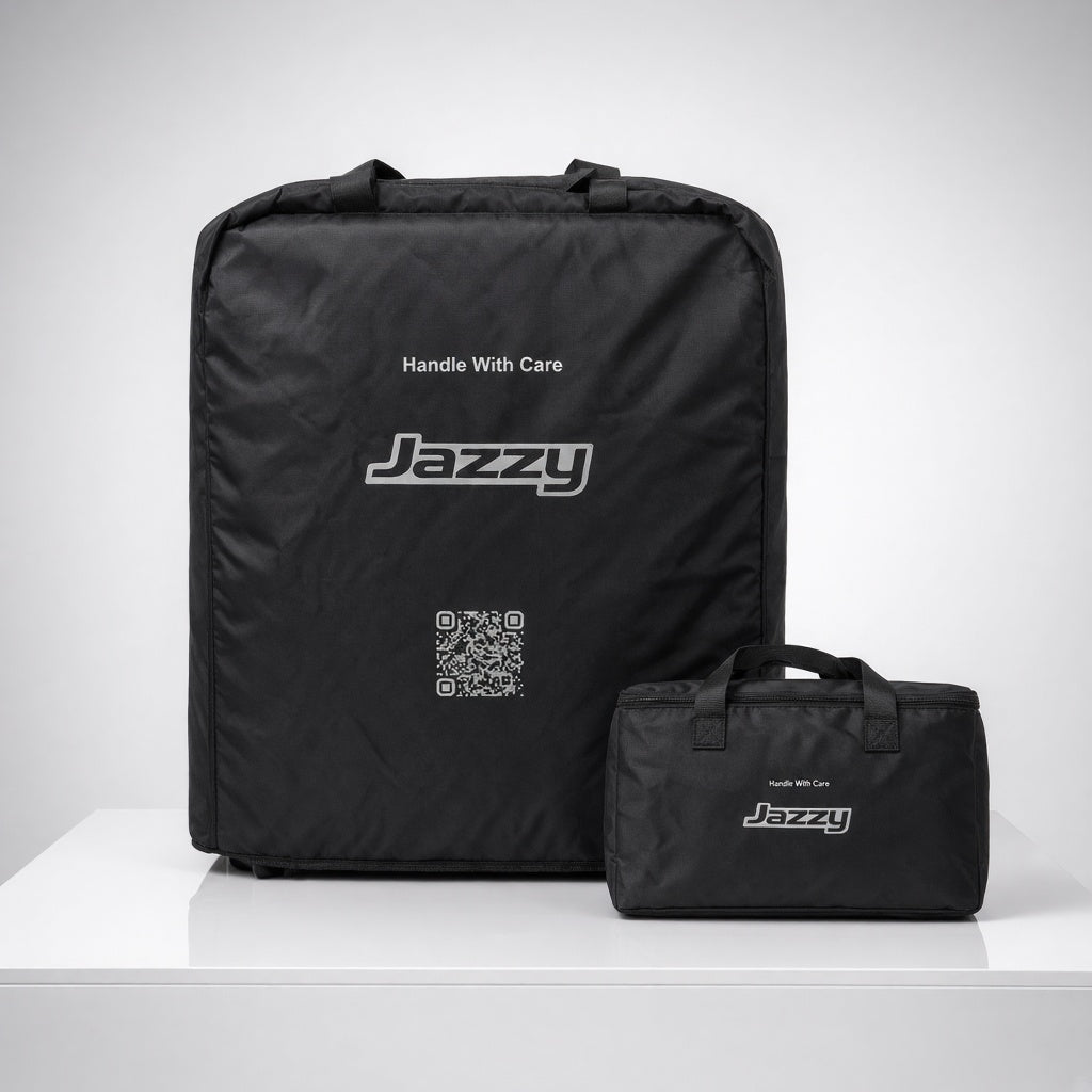 Travel bag kit for the Jazzy Carbon and Jazzy Ultra Light, main cover and battery carry bag shown side by side
