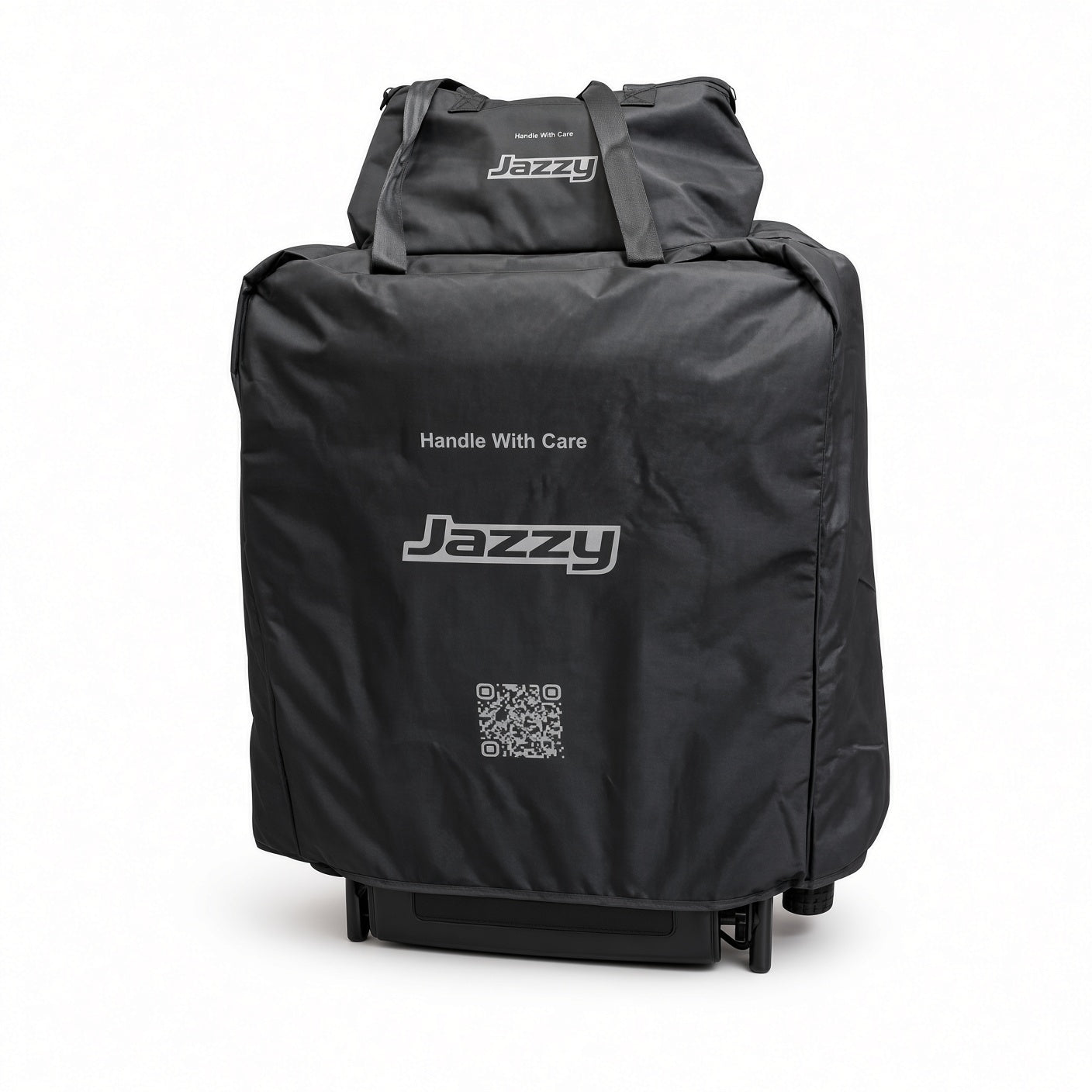 Travel bag kit for the Jazzy Carbon and Jazzy Ultra Light fitted over a folded power chair, with the battery bag attached on top