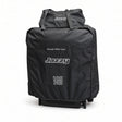Travel bag kit for the Jazzy Carbon and Jazzy Ultra Light fitted over a folded power chair, with the battery bag attached on top