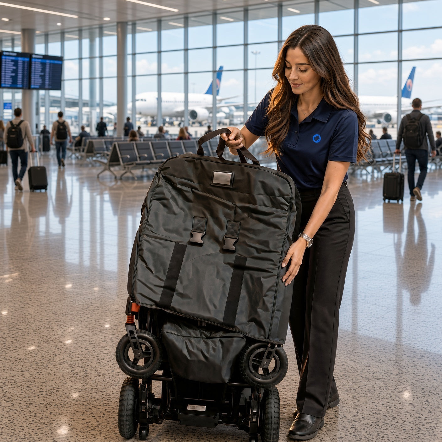 Woman fitting the Jazzy travel bag cover over a folded power chair in an airport terminal