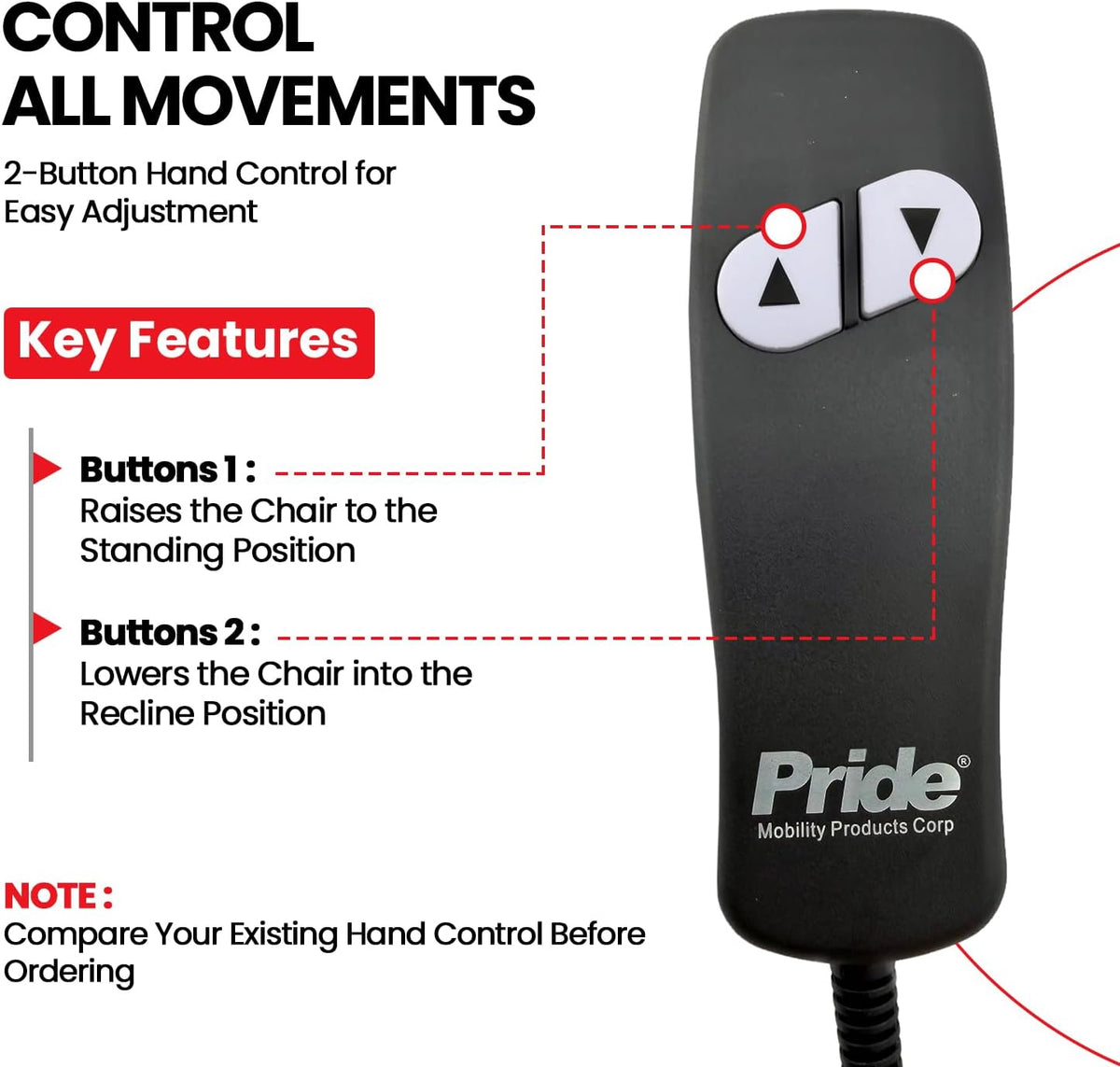 KITASMB1858 - Hand Control W/ Extension Harness for Pride Lift Chair (LC105)