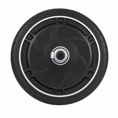 Straight-on view of Pride iRide (S25) front hub motor wheel MOT1902950 showing axle nut and tire