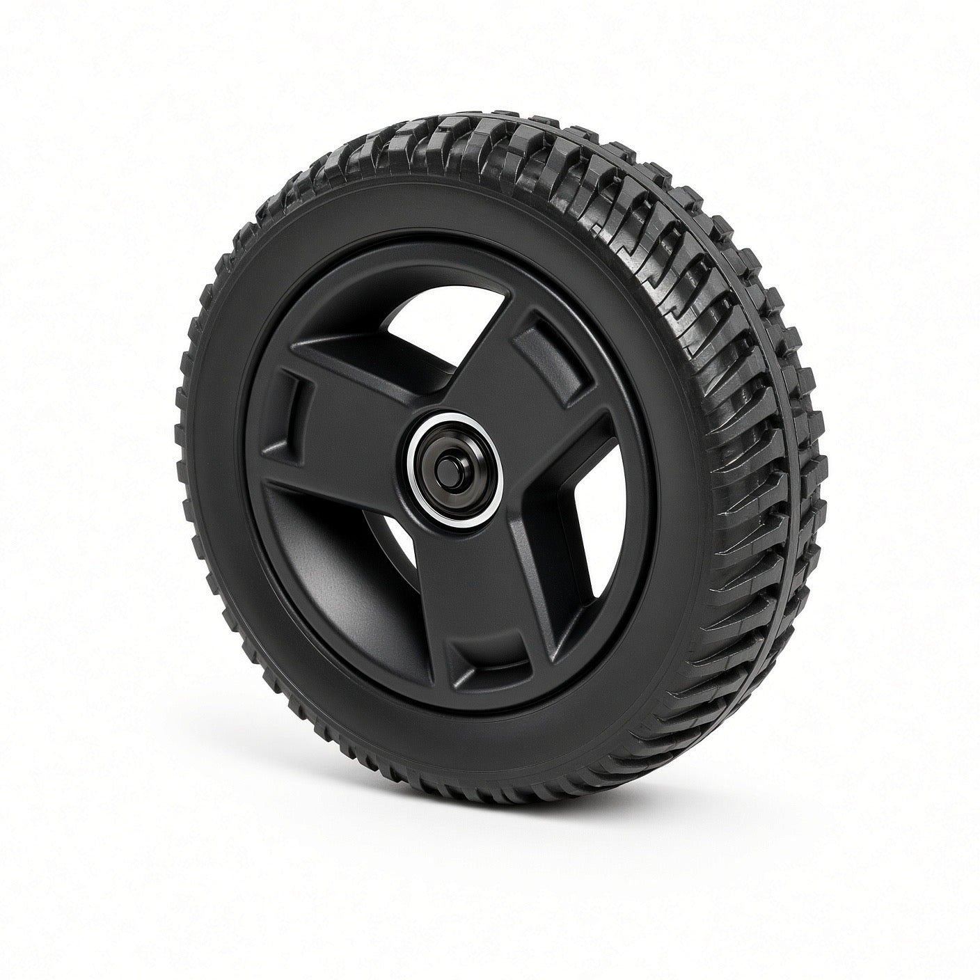 Pride DGN2102155 black tri-spoke front wheel assembly for the 4-wheel Go-Go Elite Traveller 2 (SC442E) and Elite Traveller 2 Platinum (S442EMS)