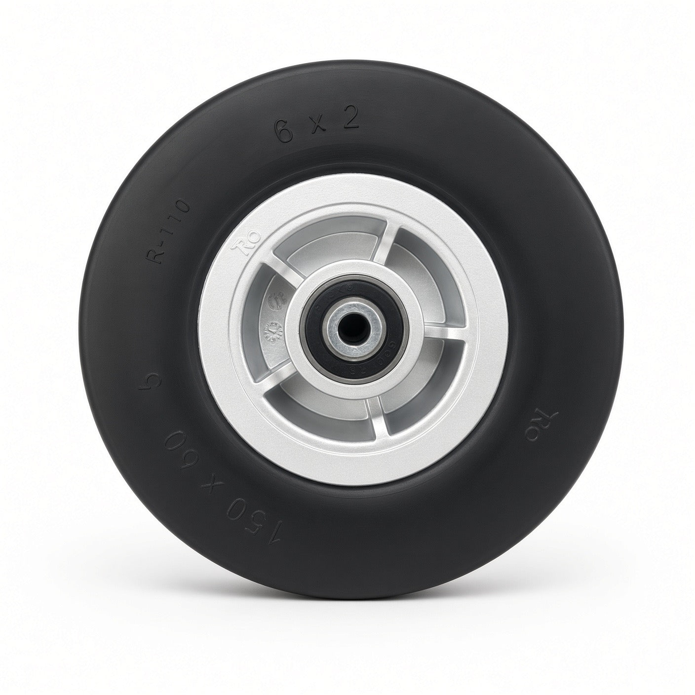 6"x2" Jazzy Wheel, 1-Piece Silver Plastic Rim, Black PU Tire (150x50mm), Style 1
