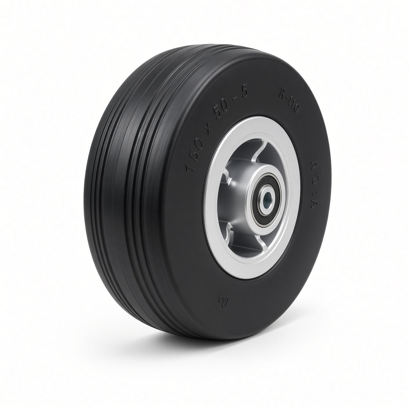 6"x2" Jazzy Wheel, 1-Piece Silver Plastic Rim, Black PU Tire (150x50mm), Style 1