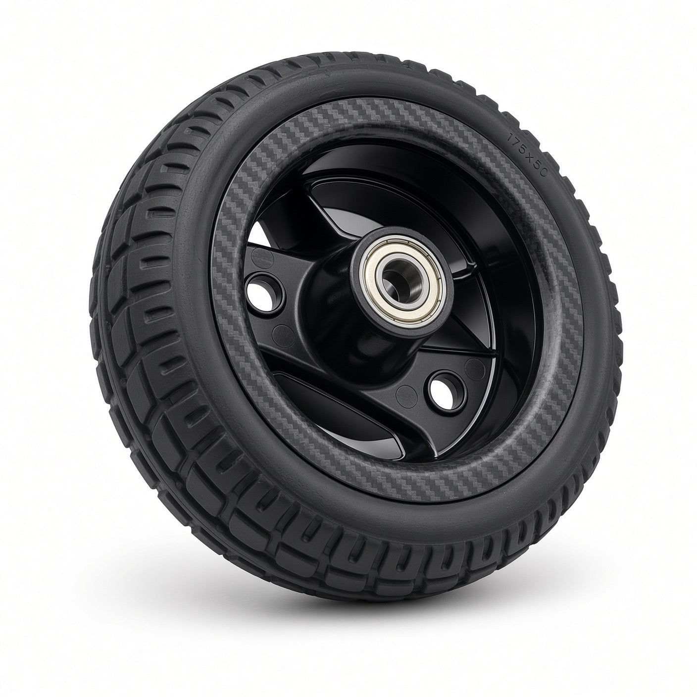 Go-Go Carbon front wheel assembly with two-spoke black rim and carbon-fiber-pattern hub cover