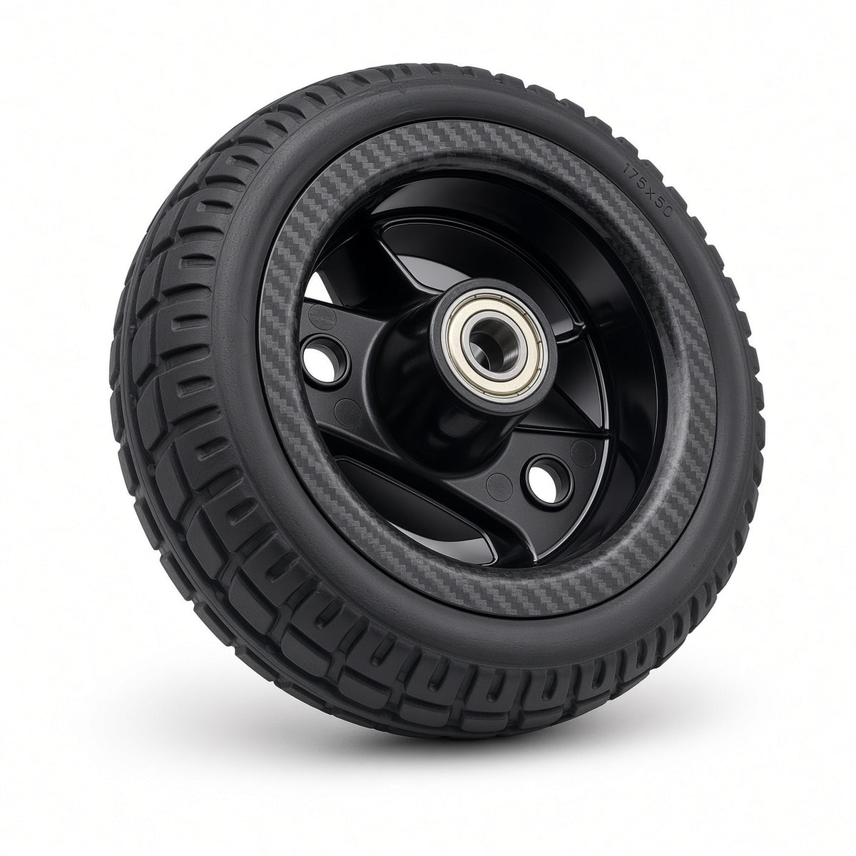 Go-Go Carbon front wheel assembly with two-spoke black rim and carbon-fiber-pattern hub cover