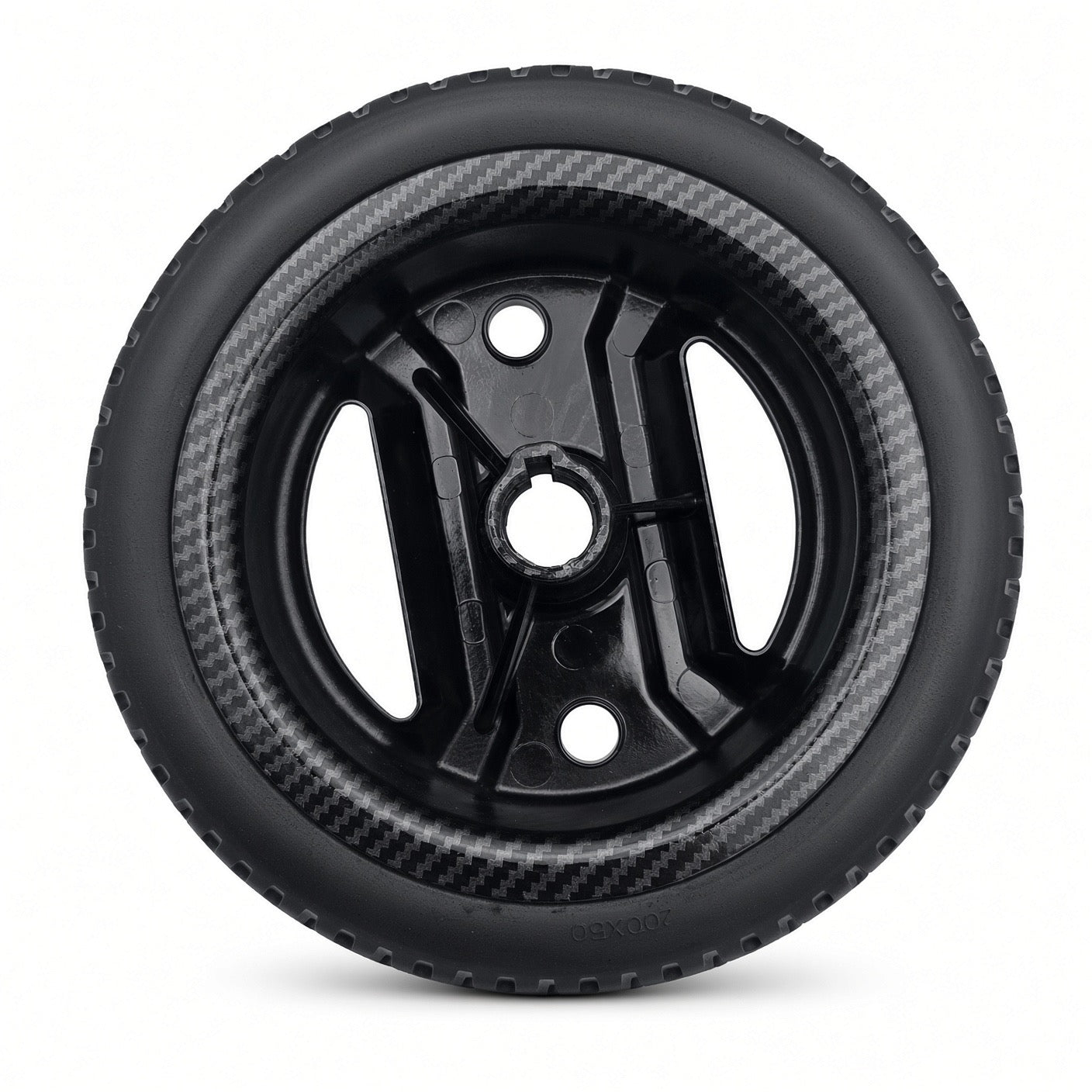 Flat-free solid tire tread on the Pride Go-Go Carbon rear wheel assembly