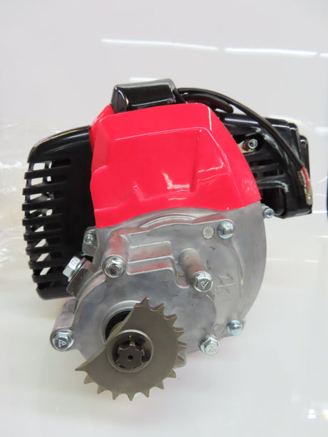 49cc/52cc Scooter Engine with Electric Start (Blemished), featuring attached gear reduction transmission, muffler, air filter, electric starter, pull start, and carburetor, perfect for gas scooters and mini choppers.