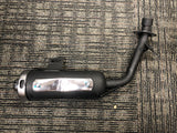 Muffler for the Kandi KD-49FM5-E Go-Kart (Blemished) featuring a black and silver body with a heat shield, spark arrestor, and 1 internal diameter pipe, displayed on a textured surface.