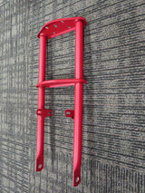 Front Fork for the Fit Right DB003 40cc 4-Stroke Mini Bike (Blemished) shown on a carpet, highlighting its welded steel construction and deep red powdercoat finish.