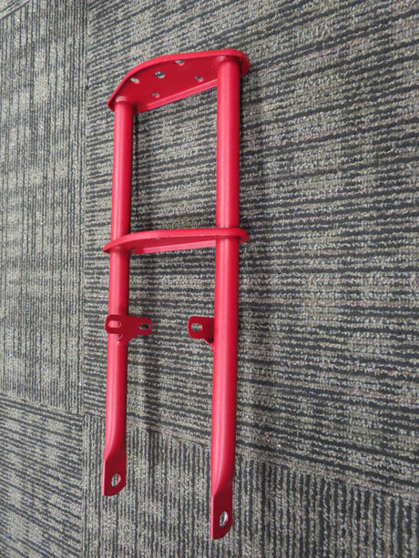 Front Fork for the Fit Right DB003 40cc 4-Stroke Mini Bike (Blemished) shown on a carpet, highlighting its welded steel construction and deep red powdercoat finish.