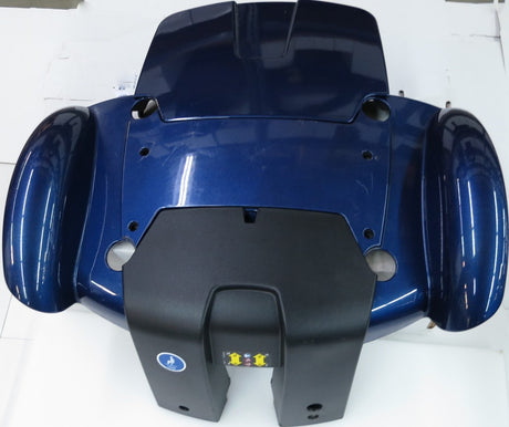 Blue Shroud Assembly for the Jazzy 614 HD (Used) – a sleek, blue plastic component designed for the scooter’s exterior, shown with attached labels and detailed close-up views.