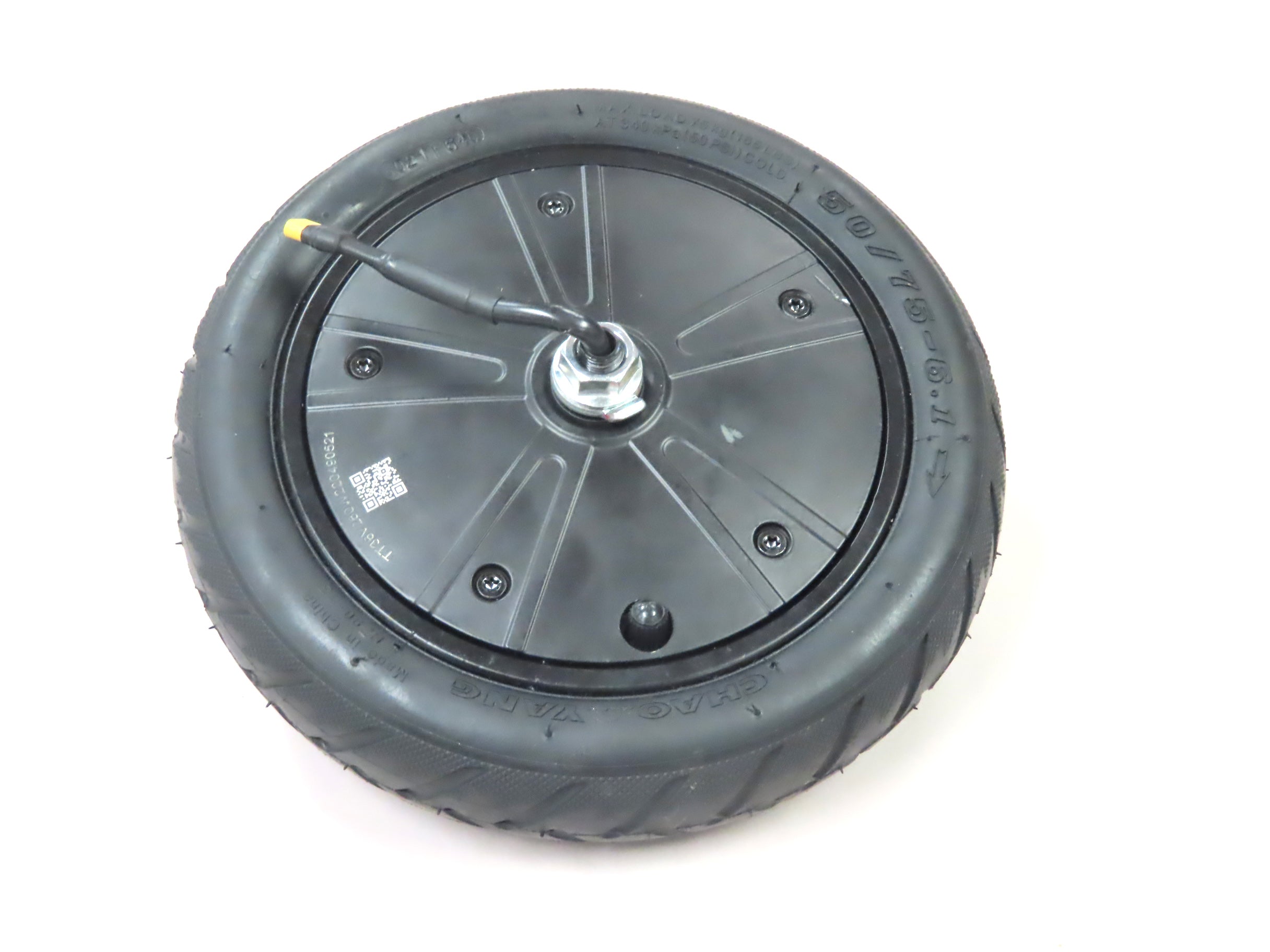 250 Watt Hub Motor & Front Wheel Assembly for GOTRAX GXL V2 & XR Elite Electric Scooters (Blemished) showing a black wheel with an attached cable, metal bolt, and directional street tread.