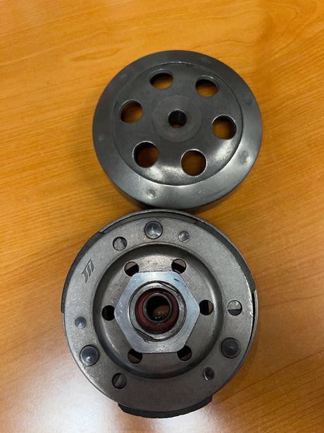 Complete Clutch Assembly (Driver Pulley) for the Baja Retro 50 (RT50) and Sun City 50 (SC50S) (Blemished) with visible metal components, including a black circular object with holes and a central nut.