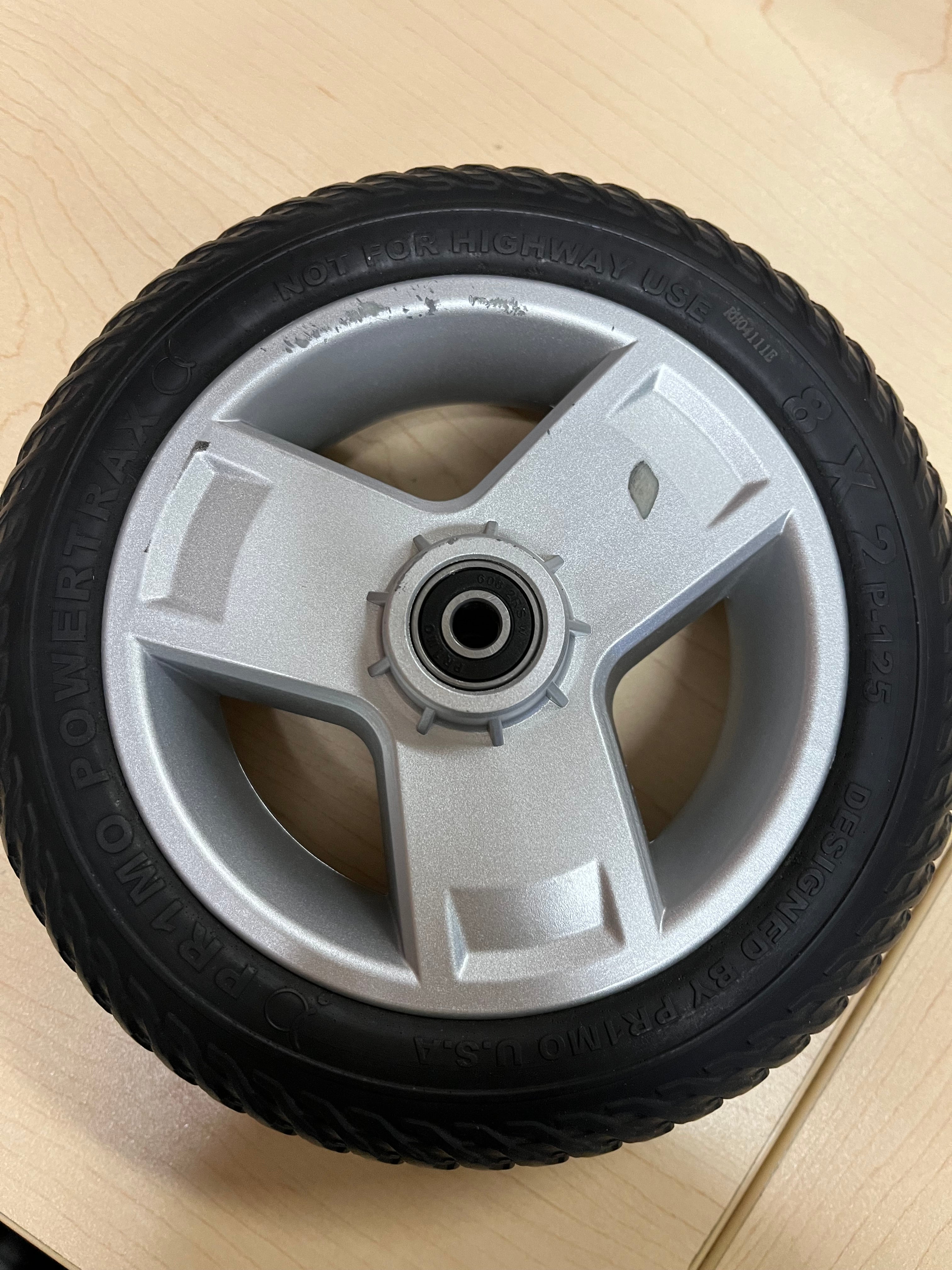 8"x2" (200x50) Black Flat-Free Front Wheel Assembly with Silver Tri-Spoke Rim for Go-Go & Pride 3-Wheel Travel Mobility Scooters (Blemished) (WHLASMB1872)