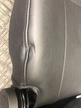 20x18-20 Hi-Back Black Vinyl Limited Recline Comfort Seat Assembly for Jazzy & Quantum Power Chairs, featuring armrests, headrest, seat plate, and lap belt, shown in close-up of black leather upholstery.