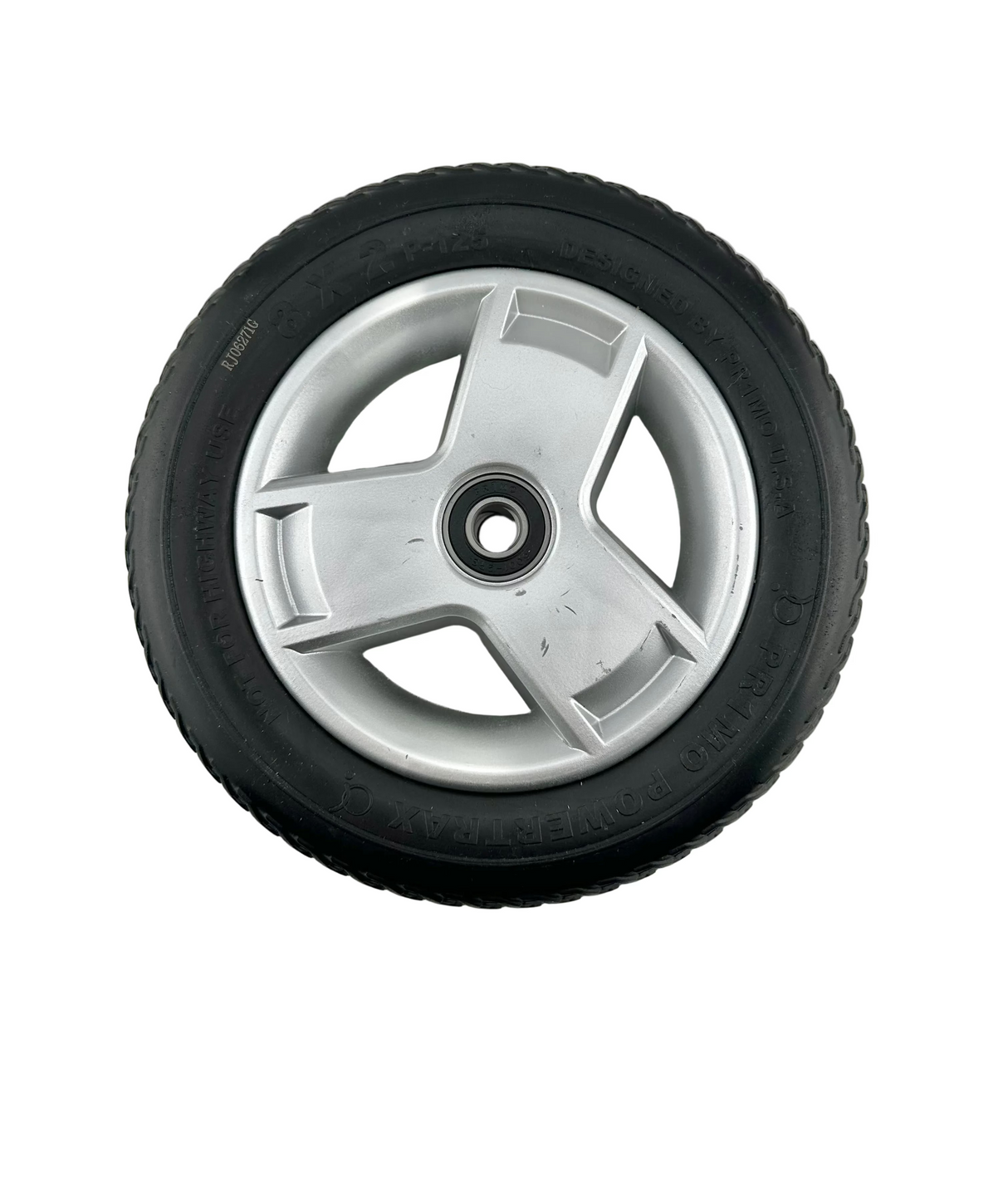 8"x2" (200x50) Black Flat-Free Front Wheel Assembly with Silver Tri-Spoke Rim for 4-Wheel Go-Go Mobility Scooters (Blemished)