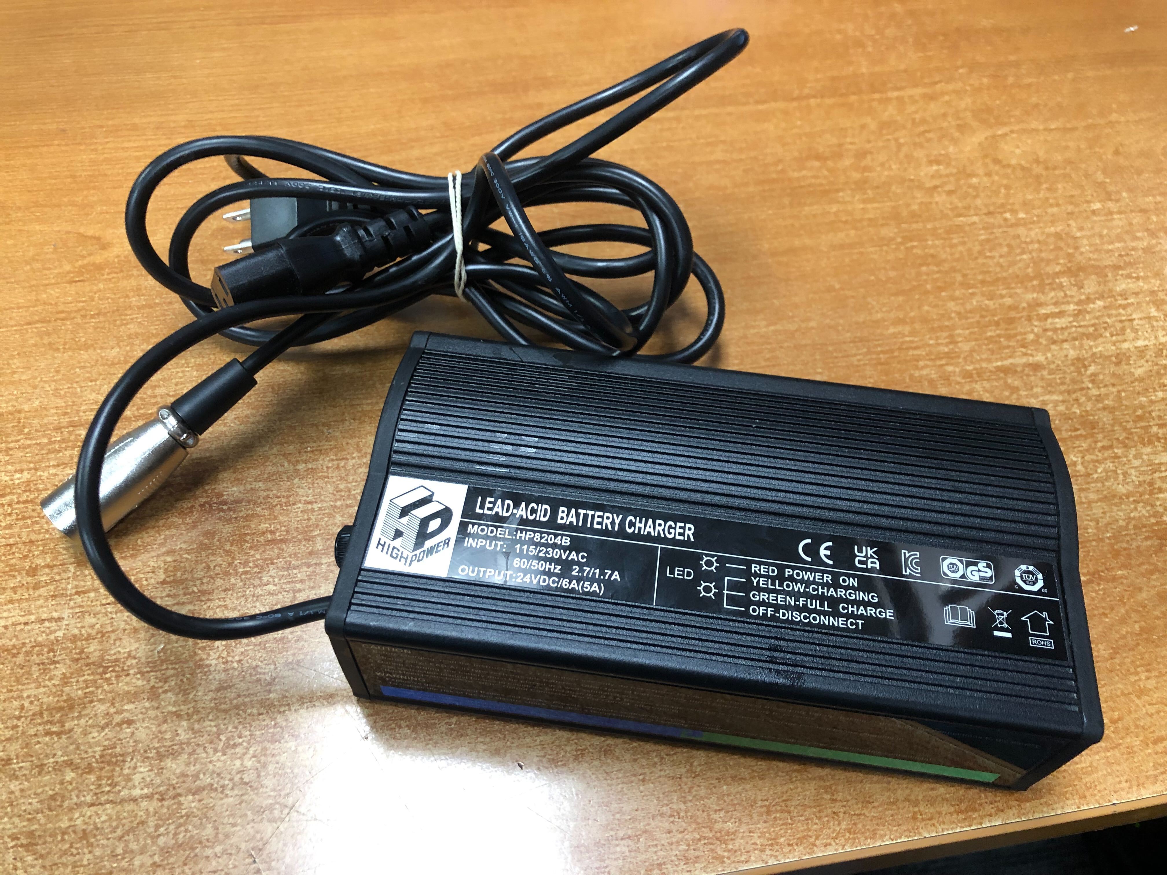 24 Volt 5.0 Amp XLR HP8204B Battery Charger (Blemished) with attached cord, white text, and LED indicators for power, charging, and full charge.