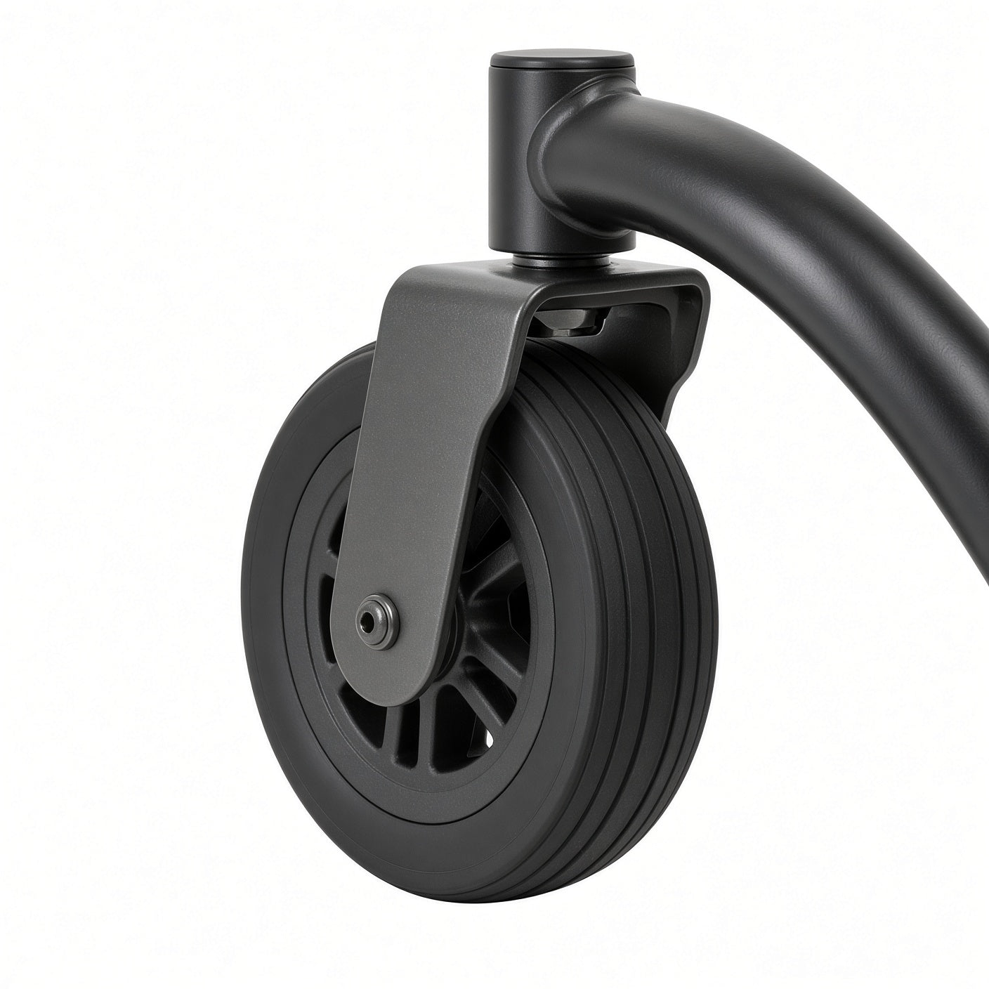 Jazze EVO 61 close-up of a black caster wheel with a mounting bracket attached to a curved black metal frame, shown on a plain white background.