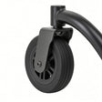 Jazze EVO 61 close-up of a black caster wheel with a mounting bracket attached to a curved black metal frame, shown on a plain white background.