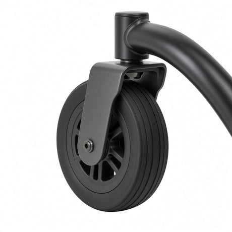 Jazze EVO 61 close-up of a black caster wheel with a mounting bracket attached to a curved black metal frame, shown on a plain white background.