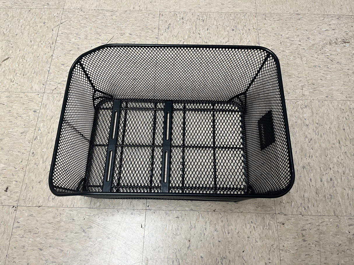 Market-Style Rear Basket for Bicycles (Axiom) (Missing Hardware) - black mesh basket with vinyl-dipped steel wire construction, designed to mount on a bike's rear rack, featuring an open top and cut-away section for seat clearance.