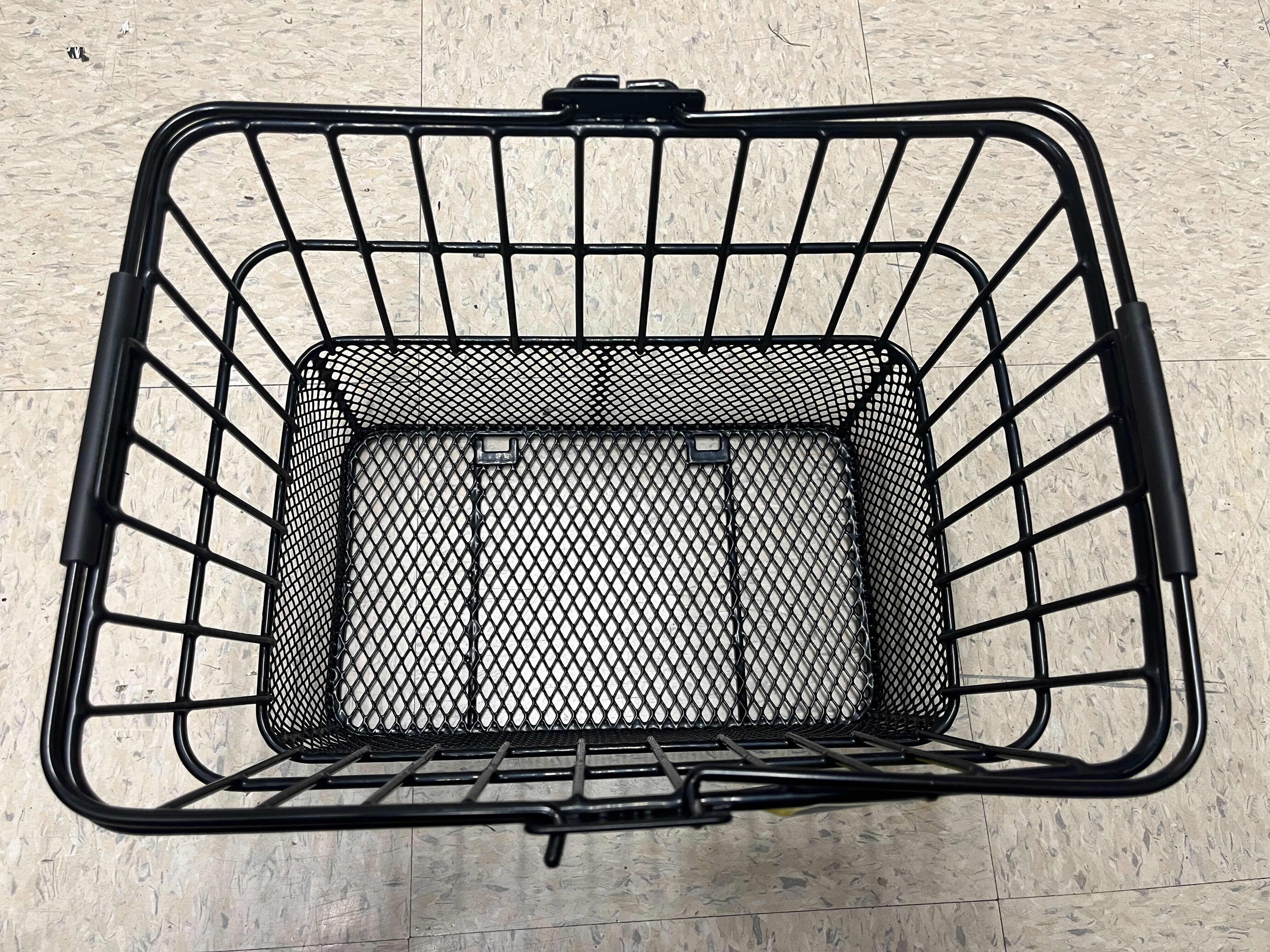 Lift-Off Wire Basket with Mesh Bottom (Blemished), shown on a tile floor, featuring a sturdy black wire frame and a fine mesh bottom, ideal for scooters and bikes.