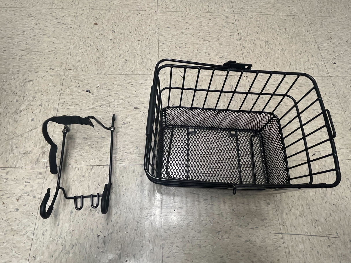 Lift-Off Wire Basket with Mesh Bottom (Blemished), featuring a black mesh design, ideal for bikes and scooters. The sturdy wire frame and secure strap ensure reliable storage.