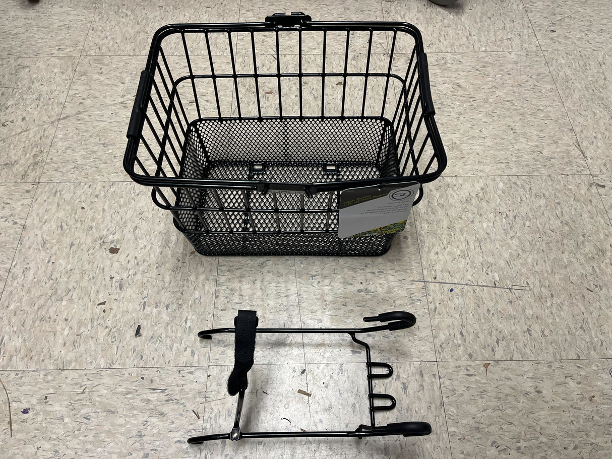 Lift-Off Wire Basket with Mesh Bottom (Blemished) shown on a white surface, featuring a black metal frame and a strap, ideal for bikes and scooters.