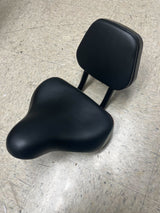 Backrest Saddle Seat for Bikes & Scooters (Blemished) shown on a tile floor, featuring an integrated adjustable backrest, suitable for most standard 7/8 seat posts.