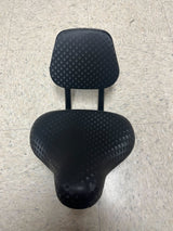 Bicycle Saddle Seat with Backrest (Blemished) shown on a tile floor, featuring a wider seat and lumbar-supporting backrest designed for comfort on various bike styles with a standard 7/8 seat post.