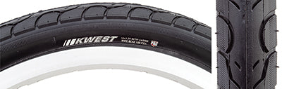 Close-up of the 16x1.25 Kwest Bicycle Tire, highlighting its smooth rounded tread with large water dispersion grooves for enhanced traction, straight-line speed, and cornering confidence, ideal for commuting or recumbent bikes.