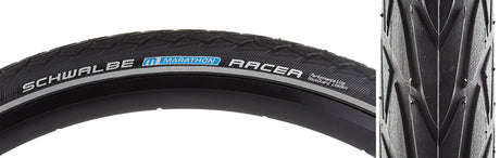 Close-up of a 16x1.5 Reflective Marathon Racer Performance Lite RaceGuard Bicycle Tire showcasing the detailed tread and reflective sidewall striping for enhanced visibility.