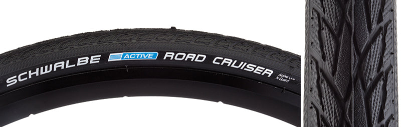 Close-up of a 16x1.75 Road Cruiser Active Twin K-Guard Bicycle Tire displaying directional tread with a smooth center section and micro-knurled shoulders for low rolling resistance.