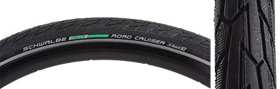 Close-up of a 16x1.75 Reflective Road Cruiser Active Twin K-Guard Bicycle Tire showcasing the directional tread and puncture protection layer.