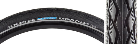 Close-up of the 16x1.75 Reflective Marathon Performance Twin GreenGuard Tire for Electric Bikes, showcasing its tread, white text, and reflective sidewall striping for enhanced visibility.