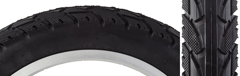 16x2.5 E-Bike 1039 Bicycle Tire, featuring a close-up of the street style tread and heavy-duty rubber compound, ideal for E-Bikes and recumbents.