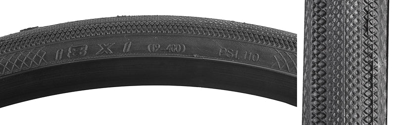 18x1 Speedster Bicycle Tire close-up, showcasing its tread designed for high performance on hard pack or paved terrain, ideal for BMX racing, dirt jumps, and urban shredding.