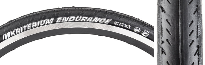 Close-up of the 20x1 Kriterium Enduro Sport Bicycle Tire, showcasing its grooved side tread and durable design for traction and puncture protection, ideal for racing and endurance training.