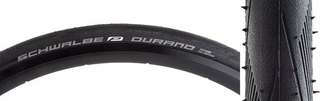 20x1.1 Durano Perf Lite RG Bicycle Tire: Close-up of a black bicycle tire featuring white text, showcasing dual compound tread and RaceGuard puncture protection with thin, light sidewalls for reduced rolling resistance.