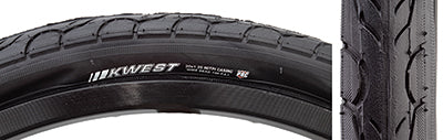 Close-up of the 20x1.25 Kwest Bicycle Tire showcasing its smooth, rounded tread with large water dispersion grooves, designed for enhanced speed, traction, and puncture resistance.