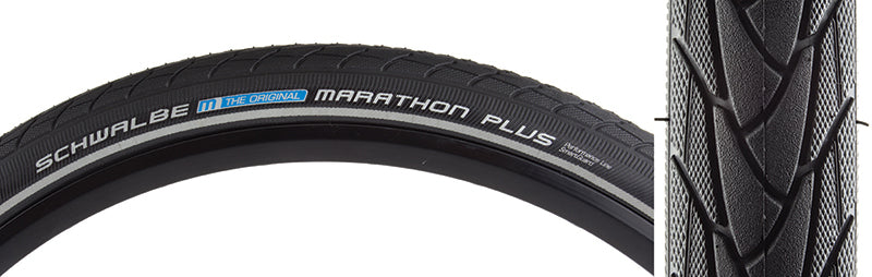 Close-up of a 20x1.35 Reflective Marathon Plus Performance Twin SmartGuard Bicycle Tire, showcasing its durable all-weather urban tread and reflective sidewall striping for enhanced low-light visibility.