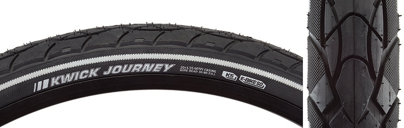 Close-up of 20x1.35 Reflective Kwick Journey Sport KS Bicycle Tire showcasing knurled shoulders, deep siping, and reflective sidewall accents, emphasizing its durable tread and puncture-resistant K-Shield belting.