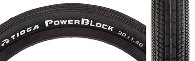 20x1.4 PowerBlock Bicycle Tire, showcasing a close-up of the tire with visible white text, highlighting its efficient tread design and durable UTC Rubber compound for low rolling resistance and enhanced pedal power transfer.