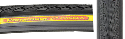 Close-up of the 20x1.5 Black/Black Pasela Bicycle Tire showing its raised center tread for low rolling resistance and durable black rubber surface.