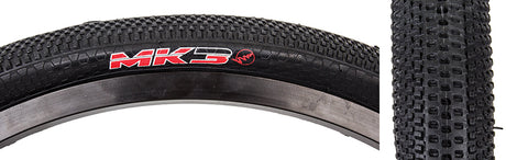 Close-up of 20x1.5 MK3 Bicycle Tire showing small knobs for traction and a relatively smooth surface for speed.