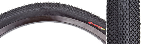 Close-up of a 20x1.5 Speedster Bicycle Tire showcasing its spiked tread, designed for high performance in BMX racing, dirt jumps, and urban shredding on hard pack or paved terrain.